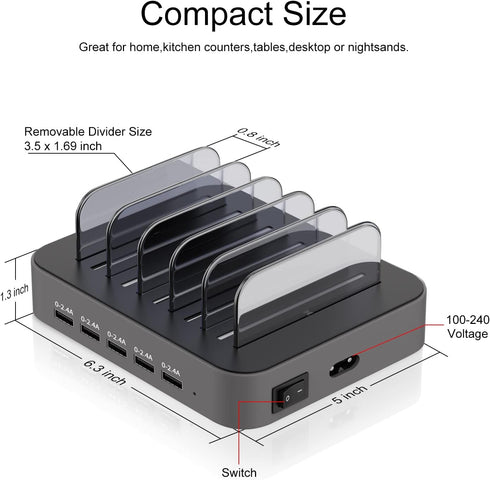 Charging Station for Multiple Devices, MSTJRY 5 Port Multi USB-A Charger Station with Power Switch for iPhone, iPad,