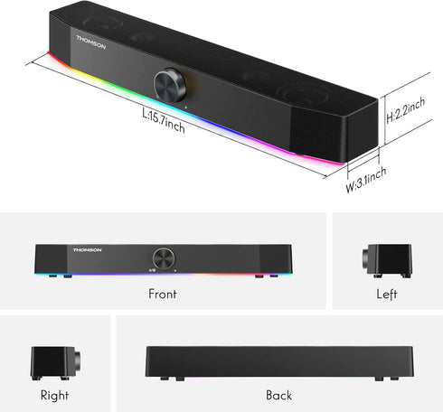 Thomson Computer Speakers, Bluetooth SoundBar, Dynamic RGB PC Speakers with 10W Stereo Sound, USB Powered for PC,