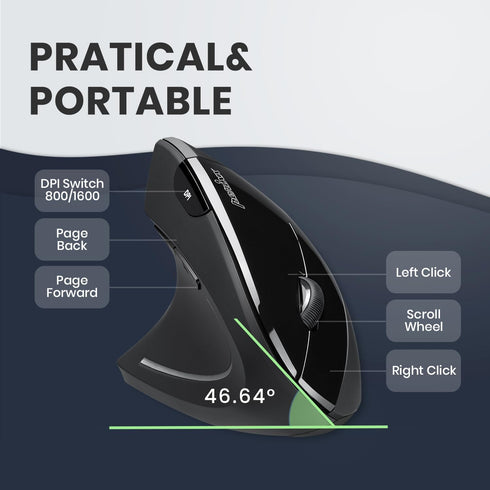 Perixx PERIMICE-713L Wireless Ergonomic Vertical Mouse, Left Handed, 6 Buttons, 3 Level DPI, Black, Medium
