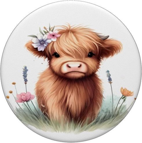 Cute Floral Baby Highland Cow Sweet Scottish Cow Watercolor PopSockets Standard PopGrip