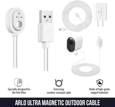 6ft/1.8m Weatherproof Outdoor Charging Cable with Quick Charge Adapter Compatible with Arlo Ultra/Ultra 2/Pro 3/Pro 4/Pro 5s (White) (NOT Compatible with Arlo Essential Spotlight)