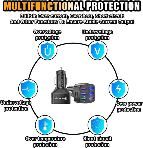 Car Charger Adapter, 6 USB Multi-Port Fast Charger QC3.0 Smart Shunt Cigarette Lighter Charger for Most Cell Phones
