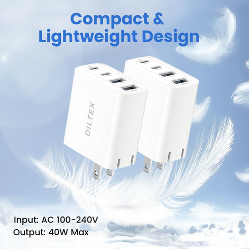 DILTEX 4USB 40W 2 Pack Ports Gan Foldable Charger - Compact USB-C & USB-A Fast Charger with Smart Power Output for Safe
