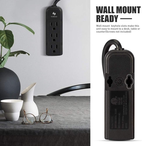 Power Strip 3 Prong Outlet, Slim Black 3 Grounded Outlets, Heavy Duty Extension Cord, No Surge Protector