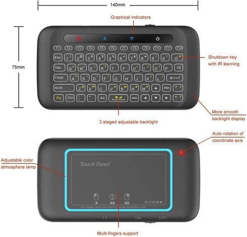 H20 Mini Wireless Keyboard with Touchpad, Backlit Handheld IR Remote Keyboard for Android TV Box, Windows PC, Raspberry