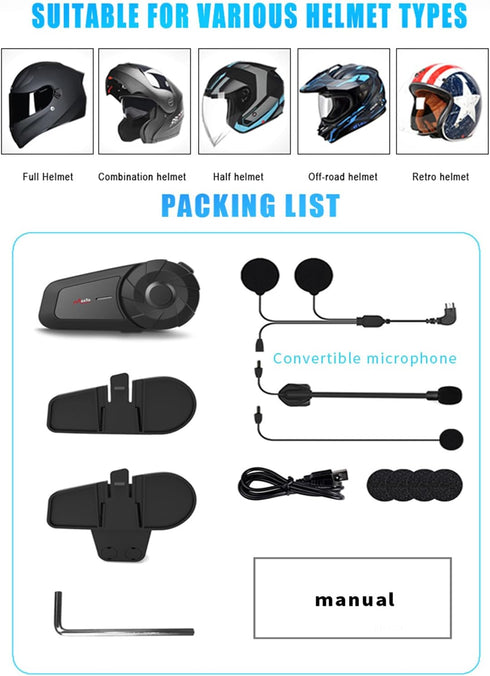 Maxto Motorcycle Bluetooth Headset, MX1 2-Riders Intercom Communication System, HiFi Stereo Sound, IPX6 Waterproof