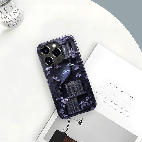 DAIZAG 14 Case Compatible with iPhone Pro Max,Glossy Durable Shock Protection Cover for Girl Women,Raven Bookshelf Dark