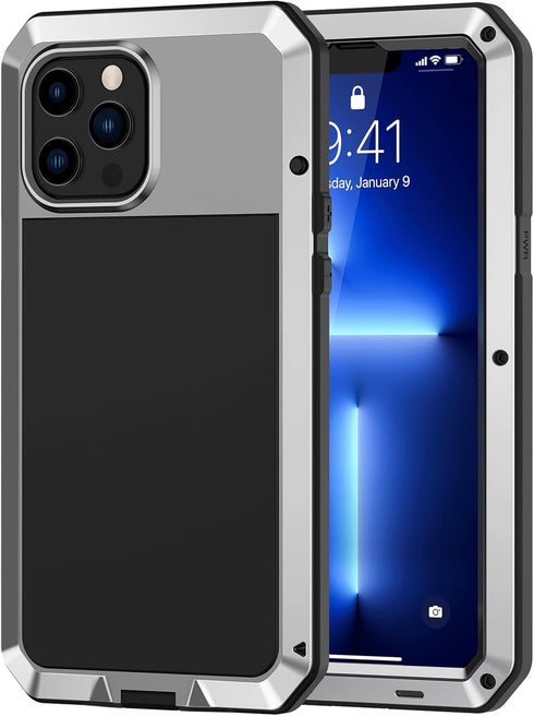 Lanhiem Heavy Duty Metal Case for iPhone 13 Pro Max, Rugged Shockproof Cover with Built-in Glass Screen Protector,