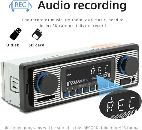Classic Single Din Car Radio with Bluetooth, FM Radio, Hands-Free Calling, USB, SD, AUX Port, Audio Recording, Remote