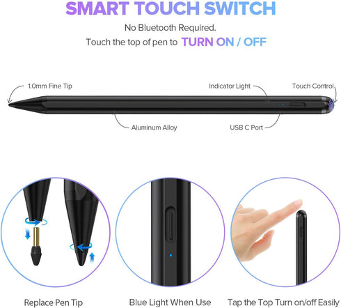 Stylus Pen, 2X Fast Charge Active Pencil for 2018-2024 Apple iPad Pro 11"/12.9"/M4, iPad Air 3/4/5/M2, Black