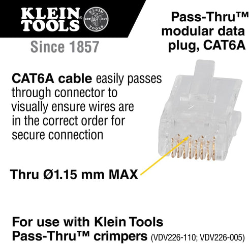 Klein Tools VDV826-704 Modular Data Plug, 50 Pack for CAT6A and Larger Diameter CAT6 Indoor/Outdoor Ethernet