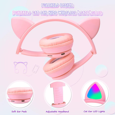 Kids Wireless Headphones, Bluetooth Over Ear Headset with Microphone, Cat Ear LED Light, Foldable Earphones for