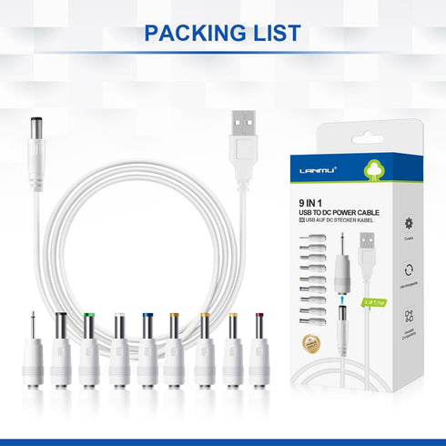 LANMU 5V DC Power Cable with 9 Interchangeable Plugs, Universal USB to DC Jack for Massage Wands, Routers, Speakers &