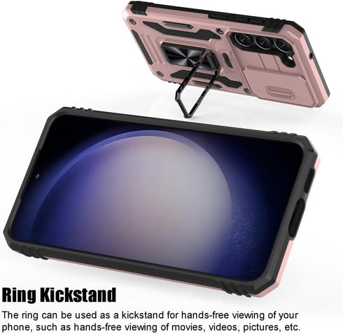 for Samsung Galaxy S23 Plus Case, Shockproof Phone Case with Sliding Camera Cover & Rotatable Ring Holder Kickstand +