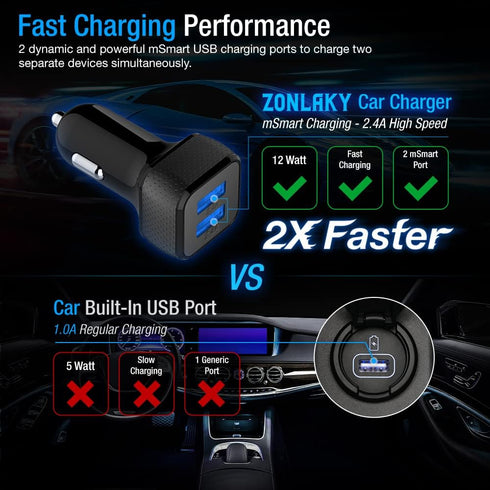 Car Charger 2 Pack, 24W Dual USB Car Charger - Black, SmartUSB Port Car Adapter Compatible iPhone 13/12/11/XR/Xs, iPad Pro/Air 2/Mini, LG, Pixel, Galaxy (Not Compatible with Quick Charge)