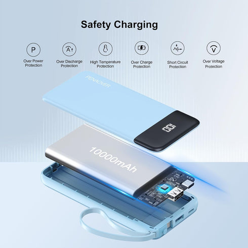 penaover 10000mAh 5 2 Pack 17/16/15/14 Portable Charger Power Bank with Built-in Cable, Output Input Travel Essential