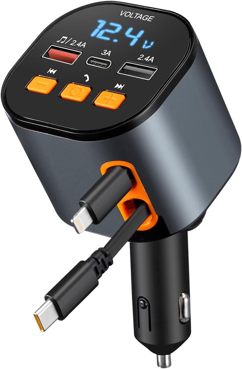 MQOUNY 5 in 1 Fast Car Phone Charger, 90W Retractable Car Charger, Bluetooth 5.3 FM Transmitter Adapter, Handsfree Call