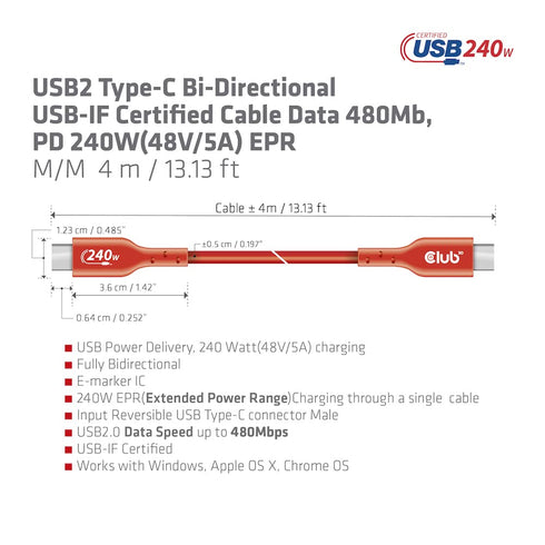Shopify SEO: Club 3D CAC-1515 4m USB2 Type C to Type C Cable, 240W Charging, 480Mb Data, Certified Bi-Directional.