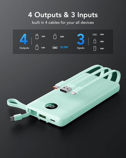 VRURC Portable Charger - 22.5W Fast Charging Power Bank USB C, 10000mAh, Built-in Cable, LED Display