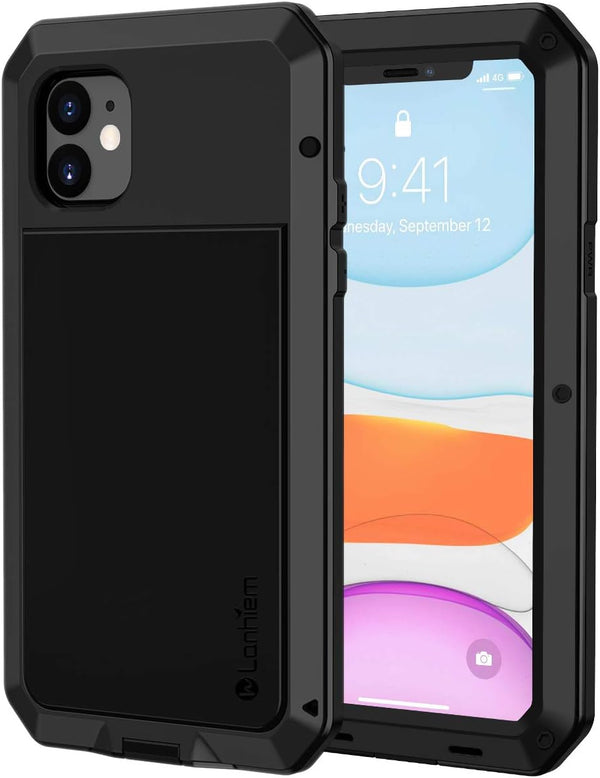Lanhiem iPhone 11 Metal Case, Heavy Duty Shockproof Rugged Case with Built-in Glass Screen Protector, Black