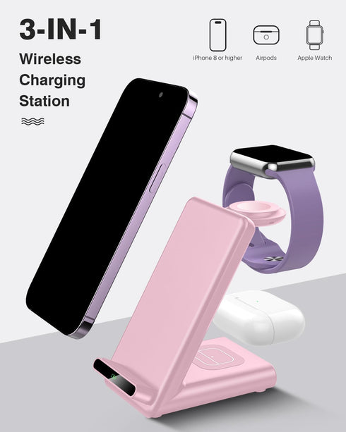 Wireless Charging Station 3 in 1 for Apple Watch Ultra 9/8/7/6/SE/5/4/3, Fast Wireless Charger for iPhone 15/Plus/Pro