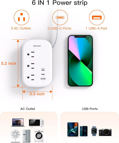 BESHON Flat Plug Power Strip with 3 Outlets and 3 USB Ports (2 USB C), 3.2ft Wrapped Extension Cord for Travel