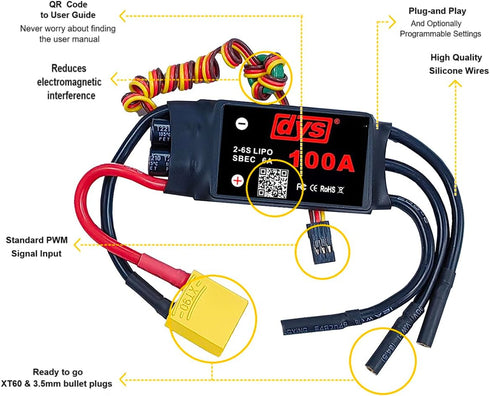 100A 2-6S 5V/6A XT90 4.0mm DYS Brushless ESC with SBEC with & Plug for RC Fixed-Wing Aircraft Helicopter