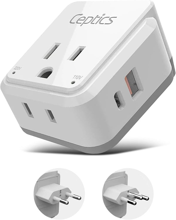 Ceptics Brazil Power Plug Adapter Travel Set - 20W PD & QC, Safe Dual USB & USB-C, Compact & Powerful