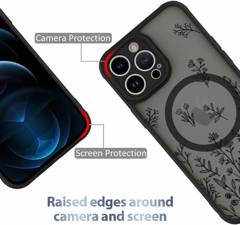 AIGOMARA Magnetic Case for iPhone 12 Pro Max, Cute Black Flower Floral Case for Women Girls, Soft TPU Bumper