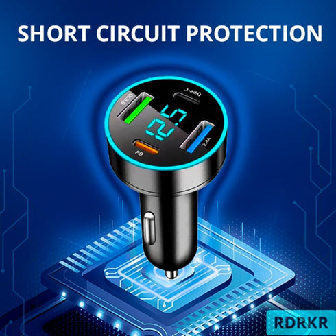 66W Car Charger, 4-Port Cigarette Lighter USB Charger, 2 * USB 2.4 + PD + Type C Adapter with Voltmeter, Compatible
