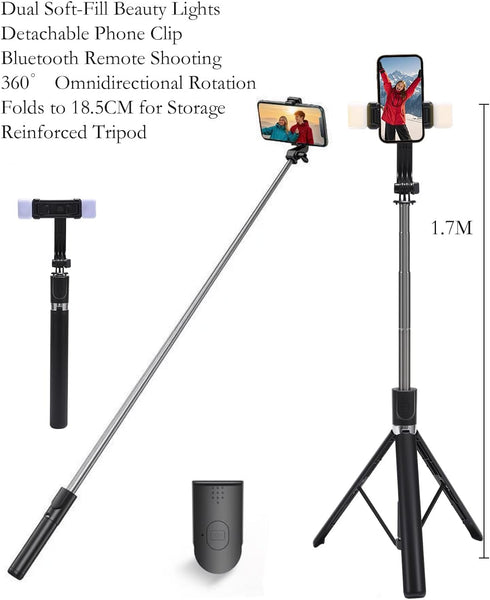 RRNNWW Stand,67 inch Portable Phone Selfie Stick with Remote and Dual Light Compatible for iPhone Android
