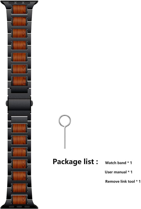 Compatible for Apple Watch Bands, Red Sandalwood Wood Stainless Steel Replacement Strap for 49mm-38mm