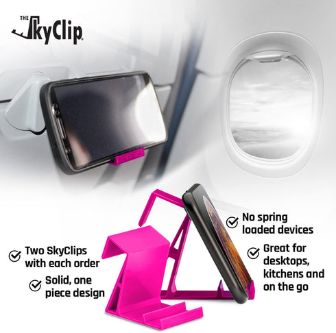 The SkyClip Airplane Cell Phone Back of Seat Inflight Tray Table Clip and Sturdy Phone Stand, Travel Must Have (Pink 2