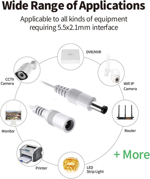 Tonton 33Ft 10M 5.5mm 2.1mm 5521 12V 2 Pack) Power Extension Cable x DC Female to Male Compatible with DC Adapter Cord