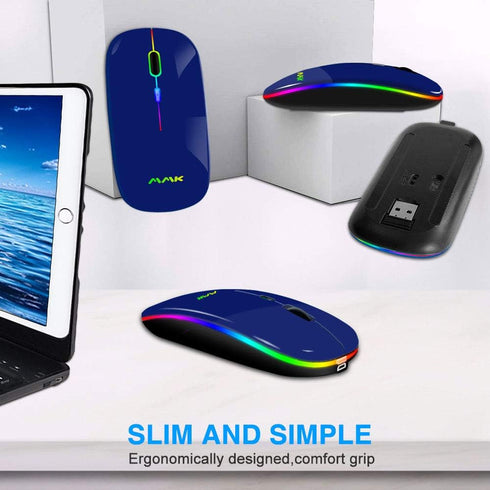 Wireless Bluetooth Mouse for Laptop - Rechargeable 2.4G USB Optical Mouse, LED Slim Dual Mode (Dark Blue)