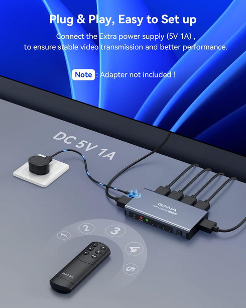 GANA HDMI Switch 5 in 1 Out 4K@60Hz, HDMI Splitter Switcher with Remote, Compatible with Xbox, PS5, Blu-Ray Player