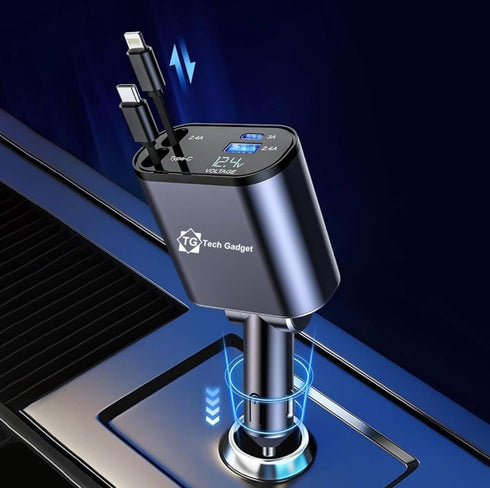 Super Premium Retractable Car Charger, 120W 4 in 1 Fast Charger for iPhone 15/14/13/12 with Retractable Cables