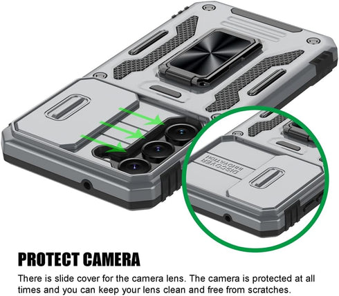 Samsung Galaxy S23 Case, Gray Shockproof Phone Case with Sliding Camera Cover & Rotatable Ring Holder + Screen Protector