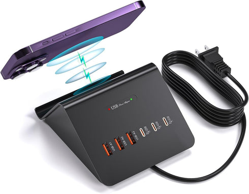 Multi-Device Charging Station, 100W GaN 6-Port USB C Charger Hub with 45W PD Wall Adapter & 15W Wireless Charger,