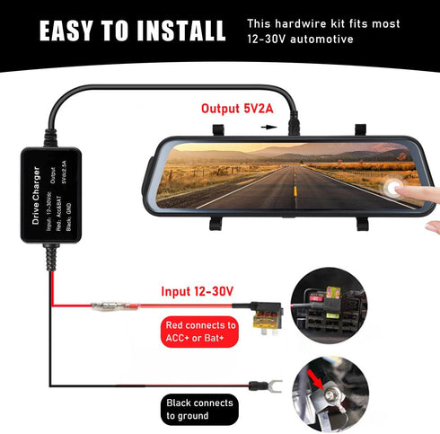 Sylvil 12V-24V 5V 10.5ft Dash Cam Hardwire Kit, Mini USB Hard Wire Kit for Dashcam, to Car Dash Camera Charger Power