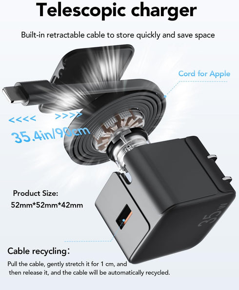 Retractable Wall Charger Block for iPhone, 35W PD Fast Charger with Retractable Lightening Cable and USB Port, Portable Charger Adapter with Foldable Plug for iPhone14/13/12,iPad,Air-Pods Black