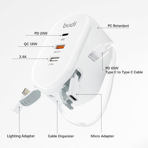 Budi 38W 3-Port USB Wall Charger, Multifunctional Built-in USB Cable Fast Charger for iPhone/Tablet/Samsung