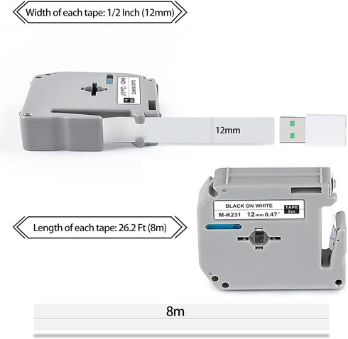 5P M-K231 M Tape MK231-731 12mm 1/2 Compatible with Brother M Label Maker, White/Color Label Tape