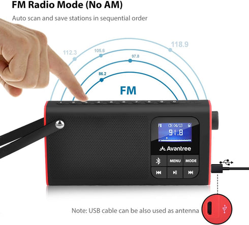 Avantree SP850 Rechargeable Portable FM Radio with Bluetooth Speaker and SD Card MP3 Player 3-in-1, Auto Scan Save, LED Display, Small Handheld Pocket Battery Operated Wireless Radio (No AM)