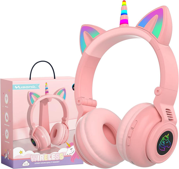 Unicorn Kids Headphones for Girls, Foldable Bluetooth Headphones for Toddlers, Light Up Wireless Headphones, Birthday