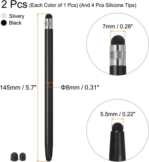MECCANIXITY 2pcs Stylus Pens for Touch Screens with 4 Extra Tips Dual Rubber Tips Capacitive Stylus Universal Tablet Pen Sensitivity Precision, Black Silver
