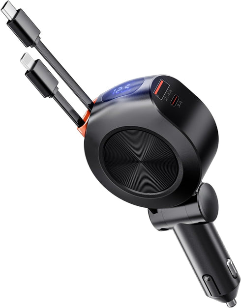 Retractable Car Charger 69W, 4 in 1 Fast Car Phone Charger, Retractable Cables and 2 USB Ports, Smaller Cigarette