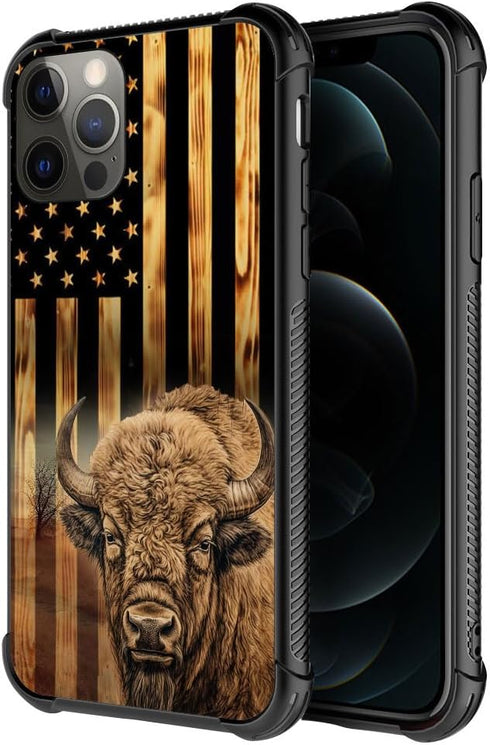 TnXee Case Compatible with iPhone 12 Case, Wood Grain American Flag Cow@Bison Pattern Design case for iPhone 12 Pro Cases for Mans Women, Shockproof Anti-Scratch Case