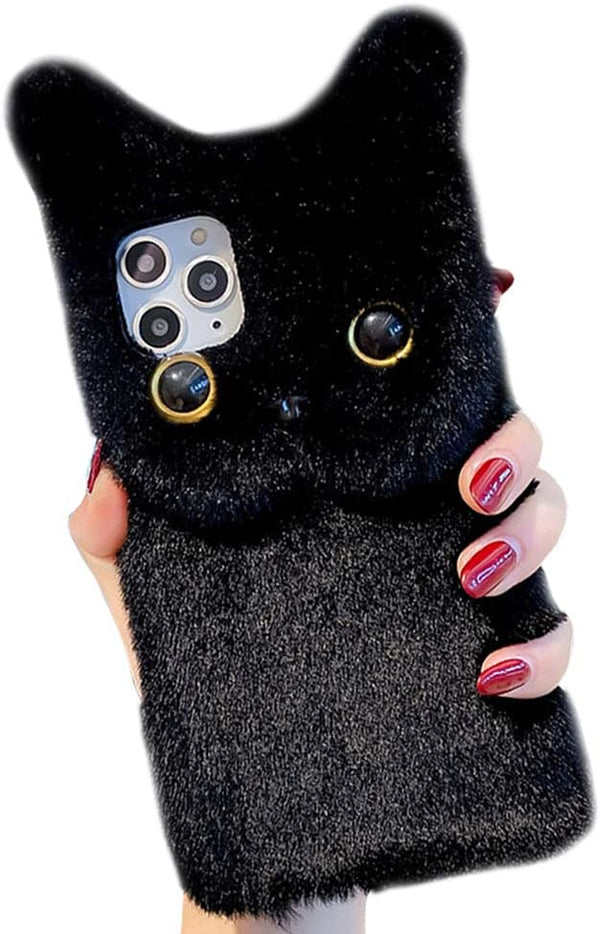 SGVAHY Furry Case for iPhone 7/8/SE2/SE3, Cute Cat Black Fur Fluffy Soft Warm Plush Fuzzy with Bling Glitter Protective