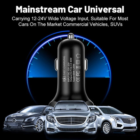 66W Multi Port Car Charger Adapter with Voltage Monitor, 4 USB QC3.0 Super Fast Charge Cigarette Lighter Charger